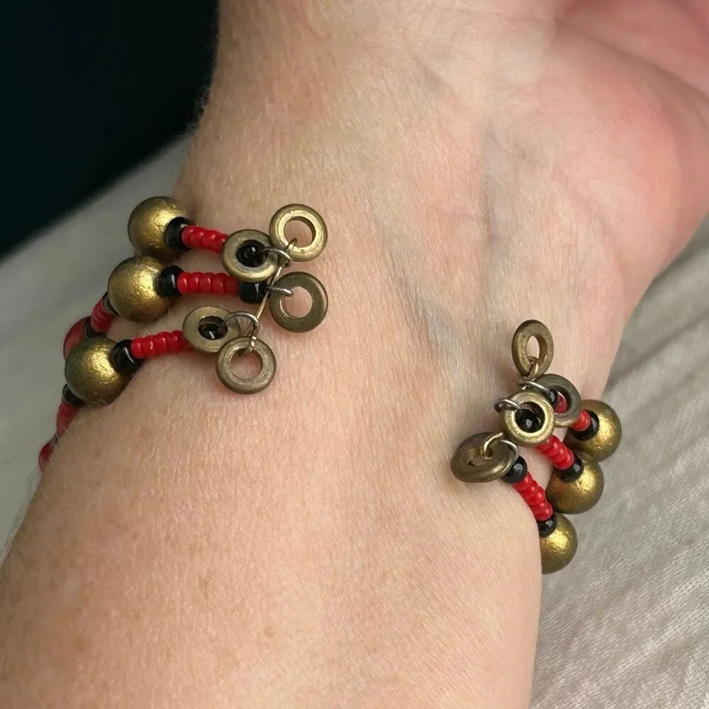 Ceramic Glass and Shell Beaded Memory Wire Bracelet